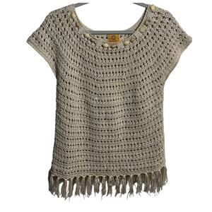 Crochet Sweater Beige Short Sleeve Fringe Bottom Jewel Neckline Ruby Rd. Large